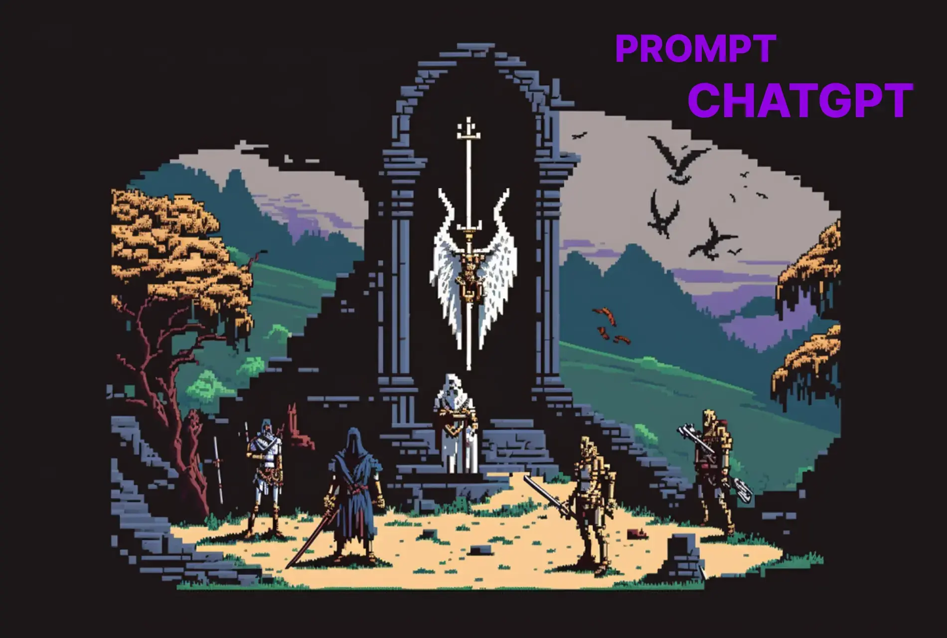 chatGPT depicted as demonic master and in front of all his subjects, pixel art style