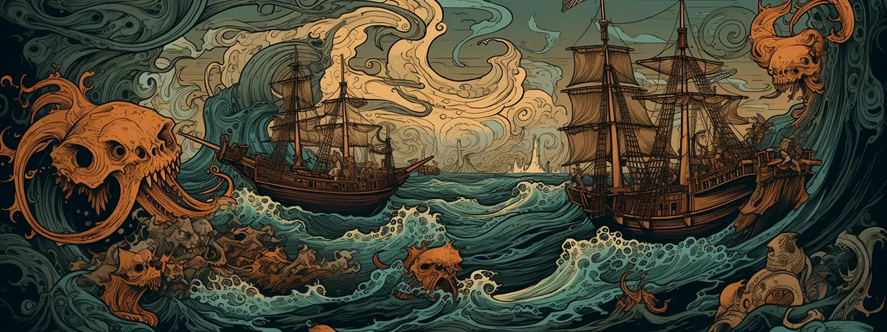 In stile Vang Gogh, tempesta di mare con due vascelli in lotta contro dei mostri marini, così come un buon SEO specialist, deve lottare nell'oceano del web